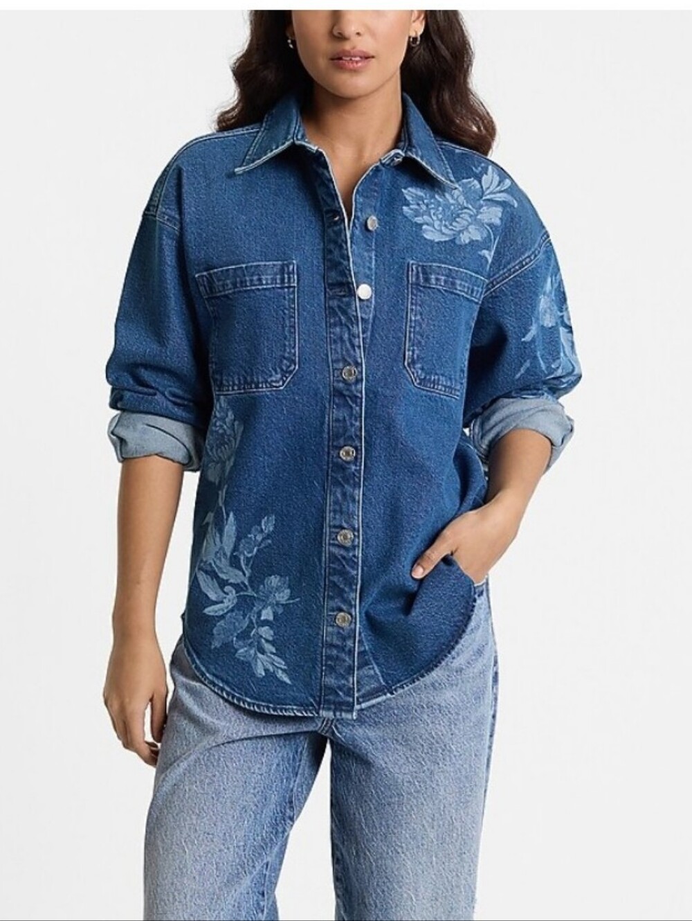 Denim Floral-Print Button-Up Shacket - Picture 5 of 5